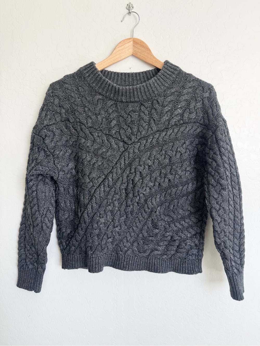 J Crew Curved cable-knit fisherman sweater Charcoal Grey
